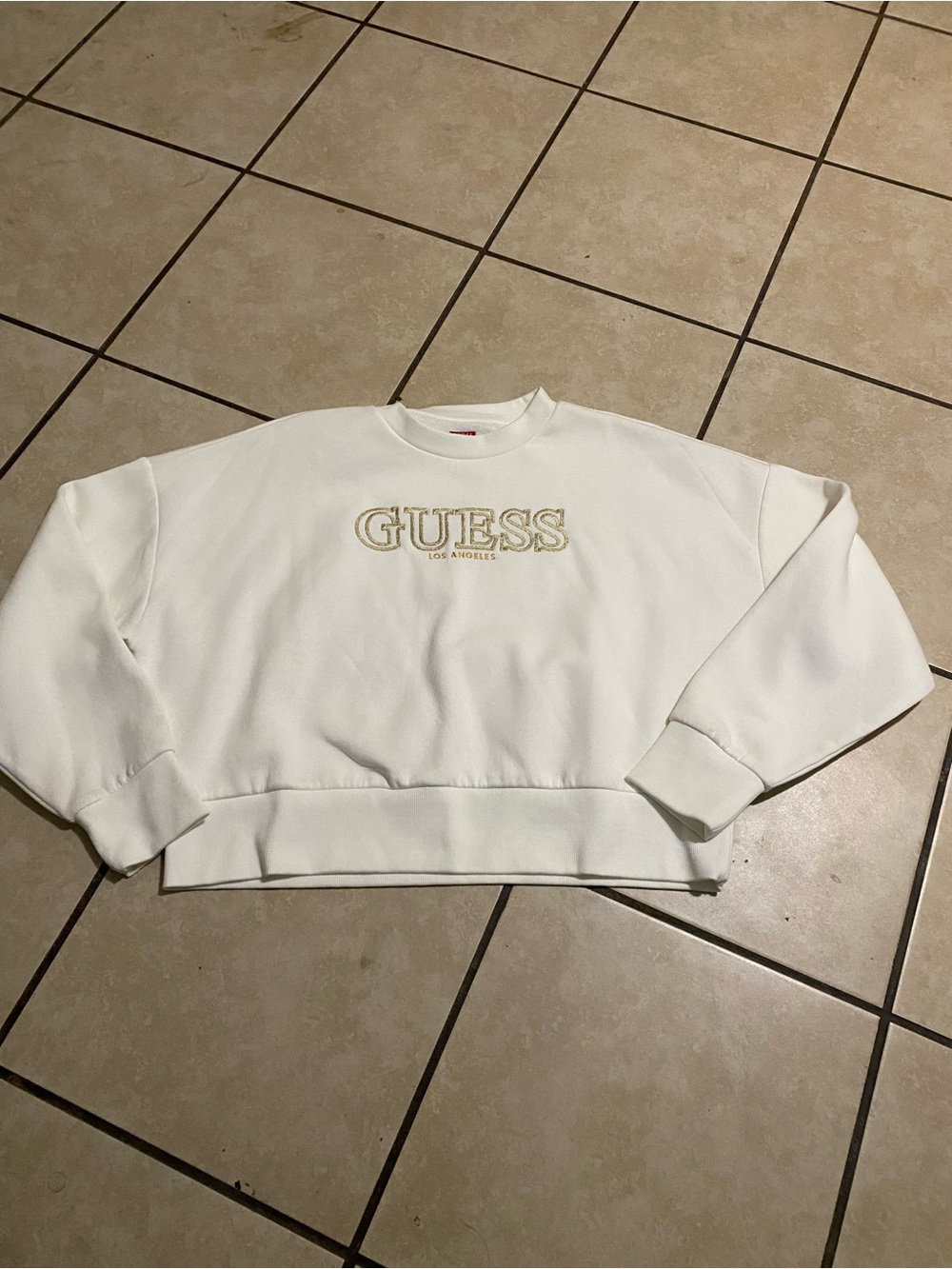 GUESS Cream Crewneck Sweatshirt with Gold Embroidered Logo